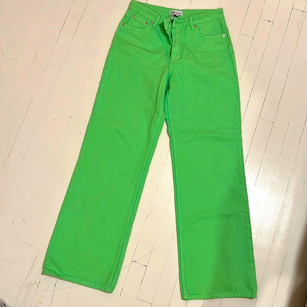 Fluorescent green Zara wide leg jeans, Size 4